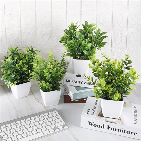 Set of 4 Artificial Plants Fake Mini Potted Plant Small Greenery Decor - Picture 3 of 6